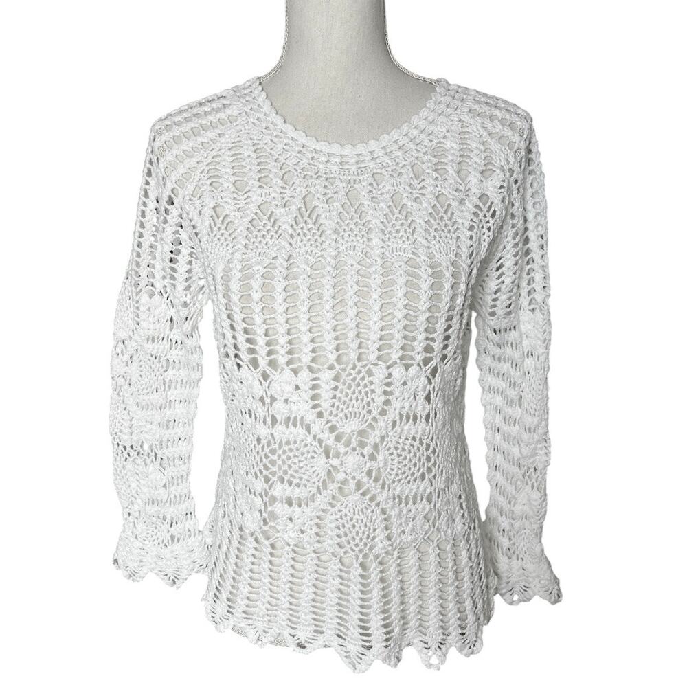 White Crochet Knit Sweater Top Long Sleeve Size S Boho Coquette boho coastal